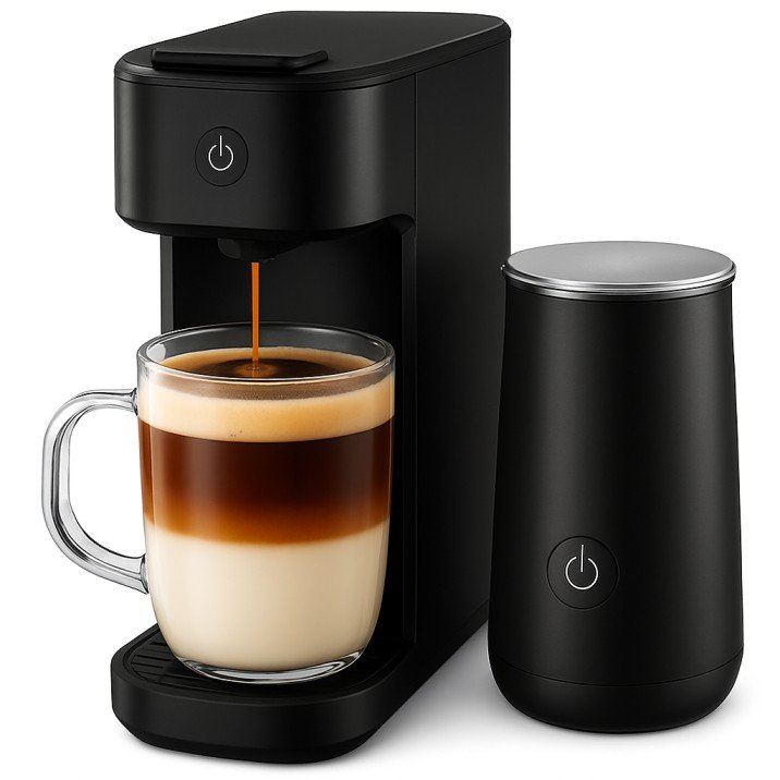 Single-serve coffee maker with milk frother for luxury coffee experience in USA apartments
