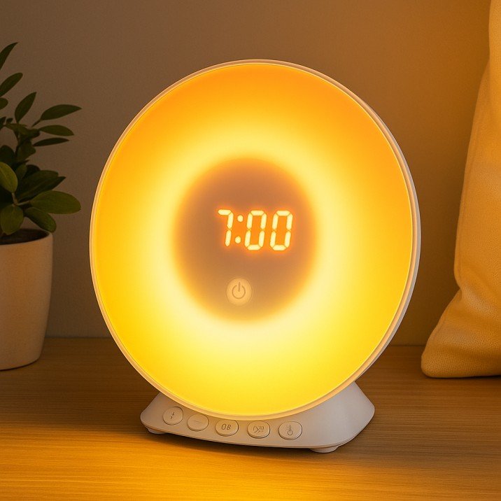 Sunrise simulation wake-up light alarm clock for a calm start in USA apartment mornings
