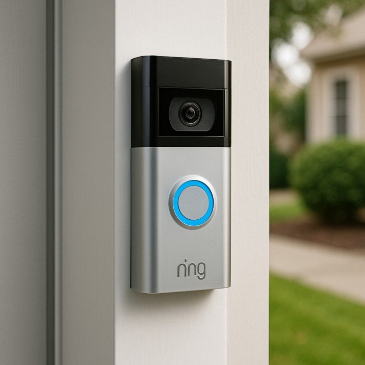 Ring Video Doorbell Pro 2 mounted at the front door of a suburban American house