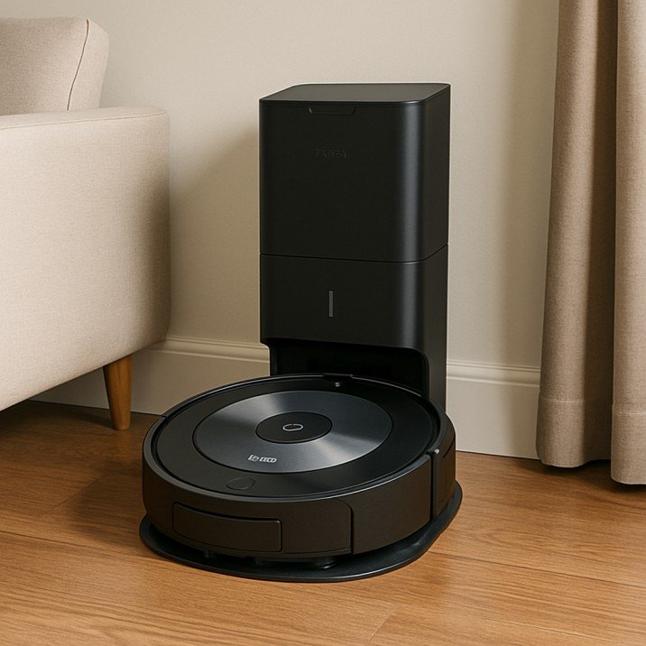 iRobot Roomba j9+ navigating a living room with a dog and child toys, USA home scene