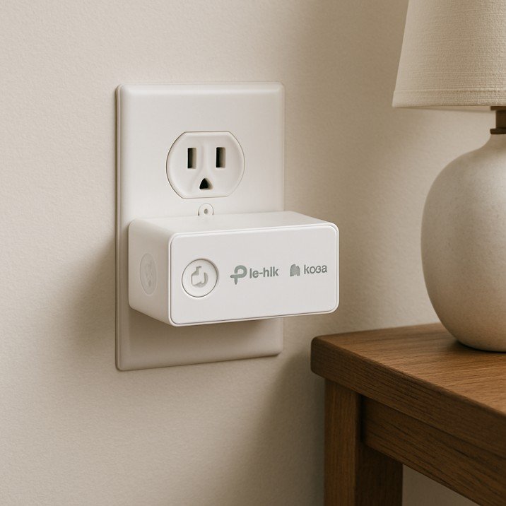 TP-Link Kasa smart plug connected to a kitchen appliance in a modern American apartment