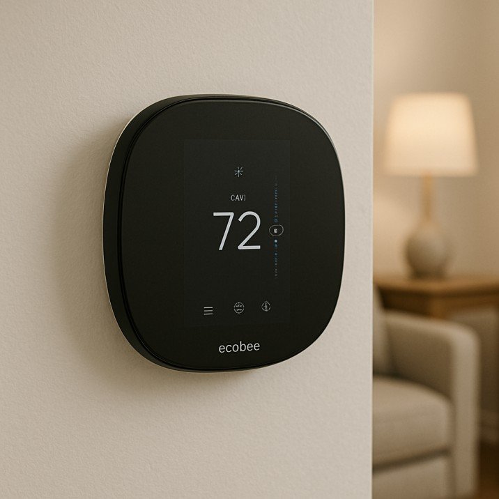 Ecobee Smart Thermostat mounted on a wall in a cozy, modern USA living room