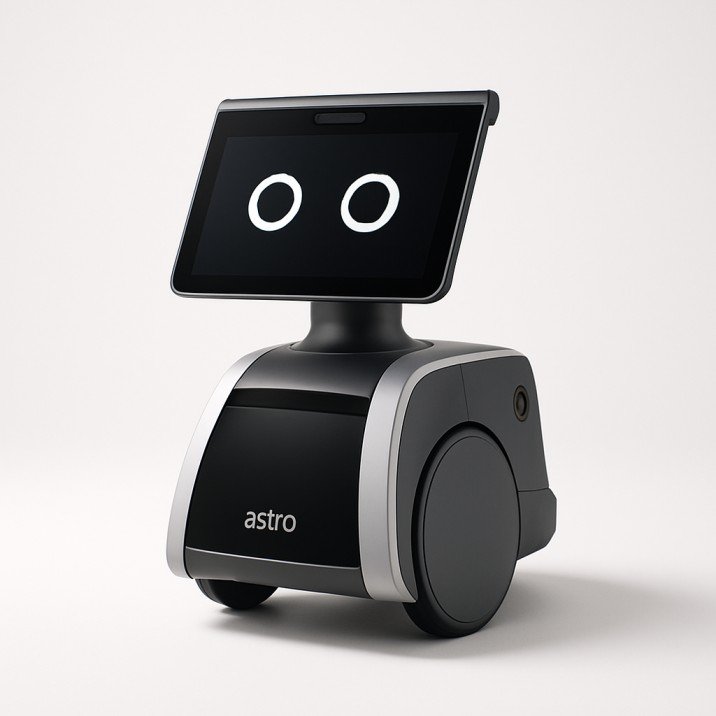 Amazon Astro home robot rolling across hardwood floors in a bright American home