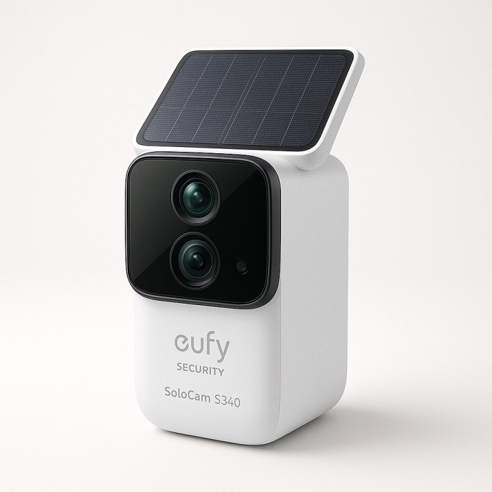 Eufy SoloCam S340 mounted on an exterior wall of a suburban USA backyard