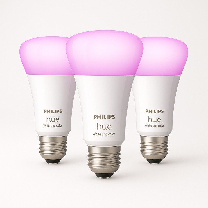 Philips Hue bulbs illuminating a bedroom with soft blue light in a modern USA apartment