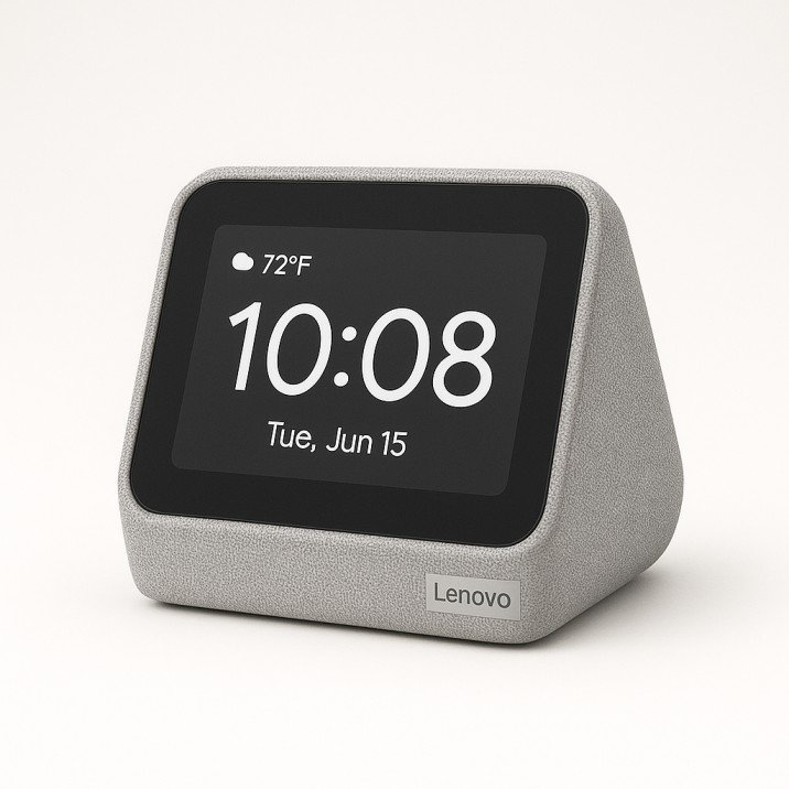Lenovo Smart Clock 2 on a nightstand beside a coffee mug in a minimalist USA bedroom
