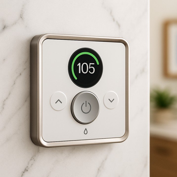Moen AI shower controller glowing blue in a steamy, modern American bathroom