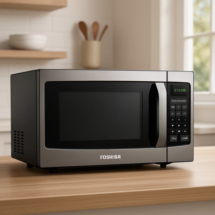 Toshiba smart microwave on a kitchen counter in a cozy American apartment