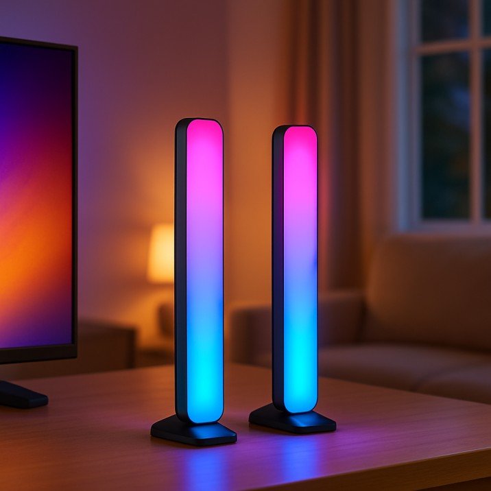 Govee light bars glowing with synced colors beside a USA flat-screen TV setup