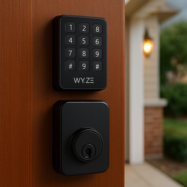 Wyze smart lock with keypad on a front door of a modern USA townhouse