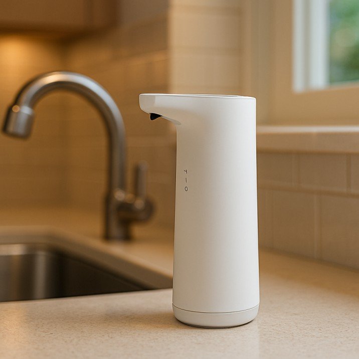 Amazon smart soap dispenser in a bright USA kitchen next to a sink