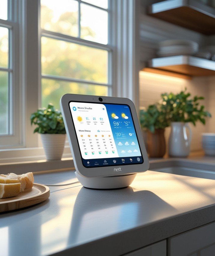 Google Nest Hub showing daily schedule on a kitchen counter in a modern USA home