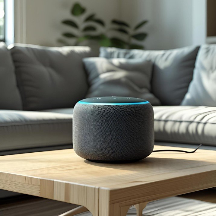 Echo Dot 5th Gen smart speaker on a living room side table, USA home setting